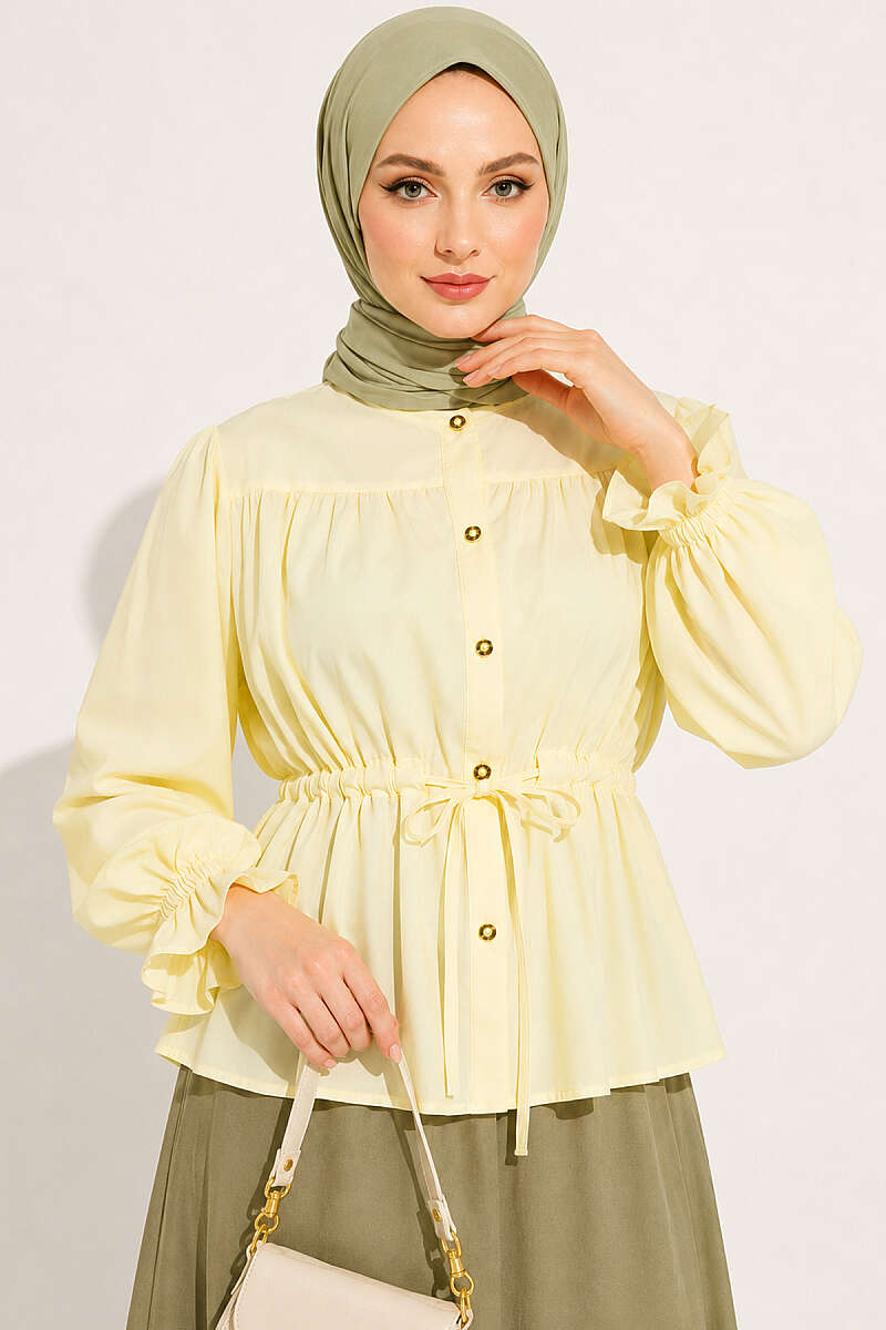 Short Shirt with Elastic Cuffs and Drawstring Waist - Yellow