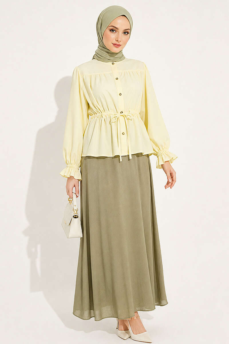 Short Shirt with Elastic Cuffs and Drawstring Waist - Yellow