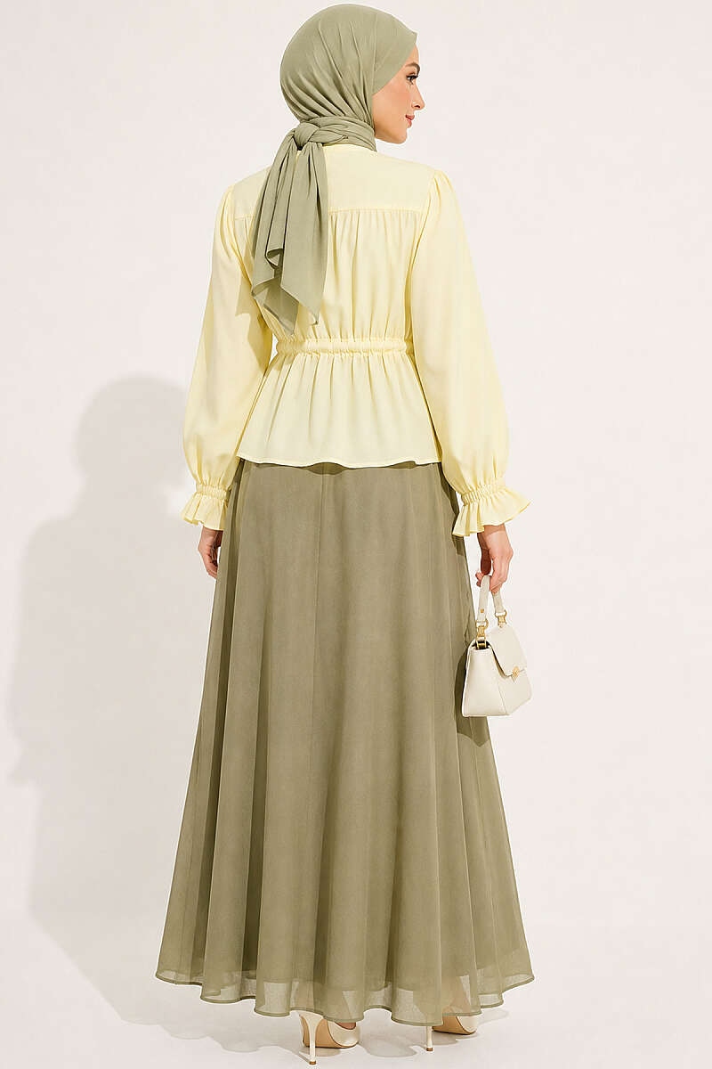 Short Shirt with Elastic Cuffs and Drawstring Waist - Yellow
