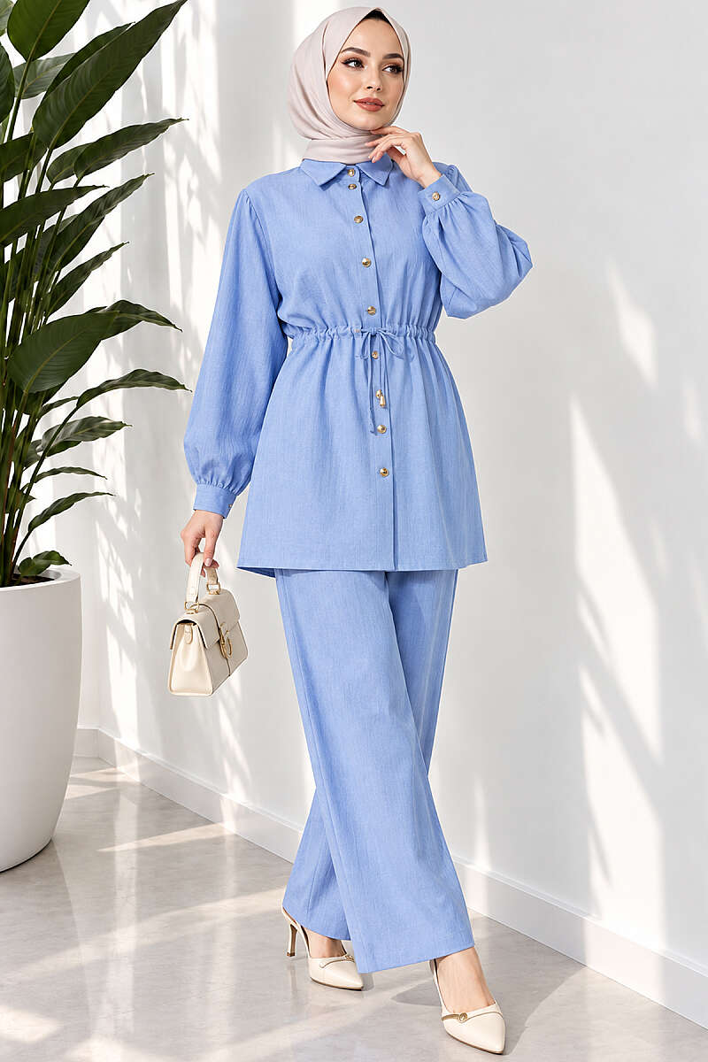 Two-Piece Set with Cuffed Sleeves and Drawstring Waist - Light Blue