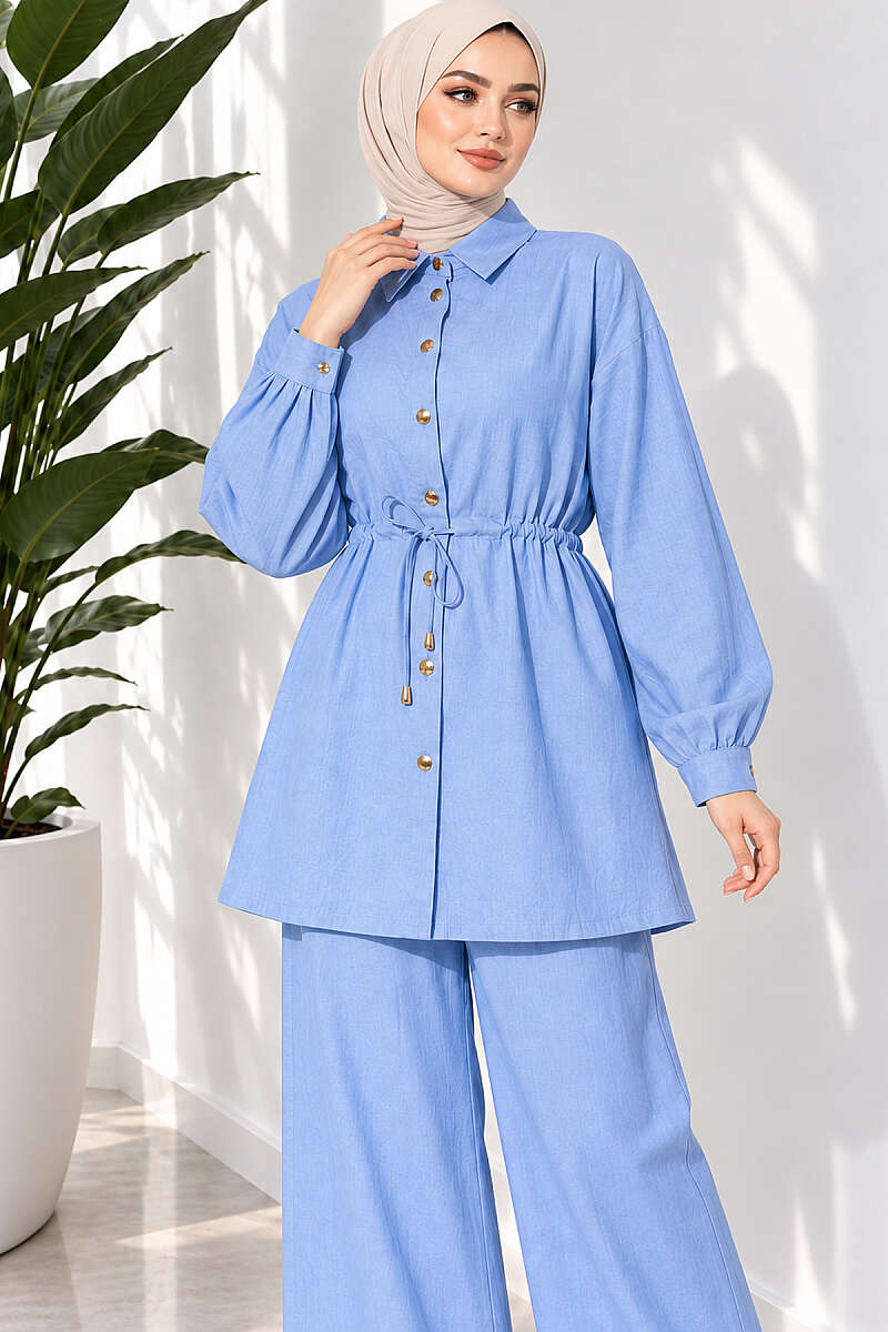 Two-Piece Set with Cuffed Sleeves and Drawstring Waist - Light Blue