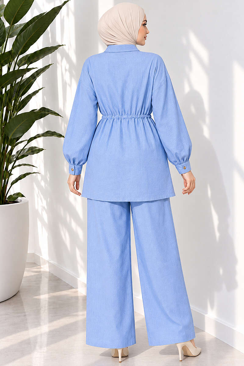 Two-Piece Set with Cuffed Sleeves and Drawstring Waist - Light Blue