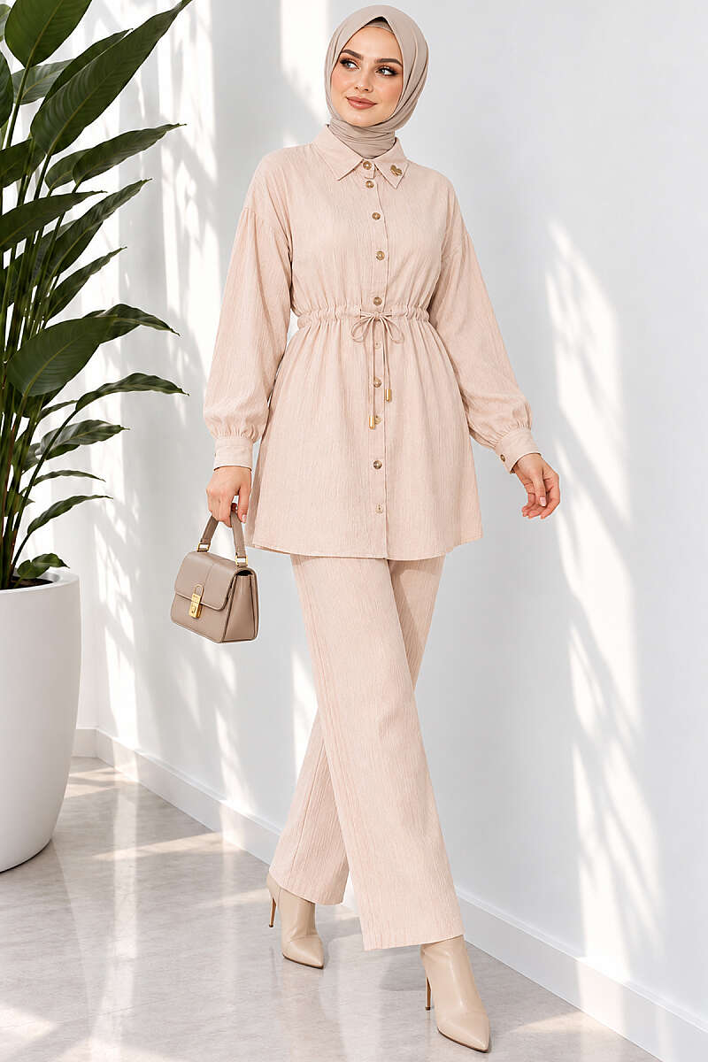 Two-Piece Set with Cuffed Sleeves and Drawstring Waist - Beige