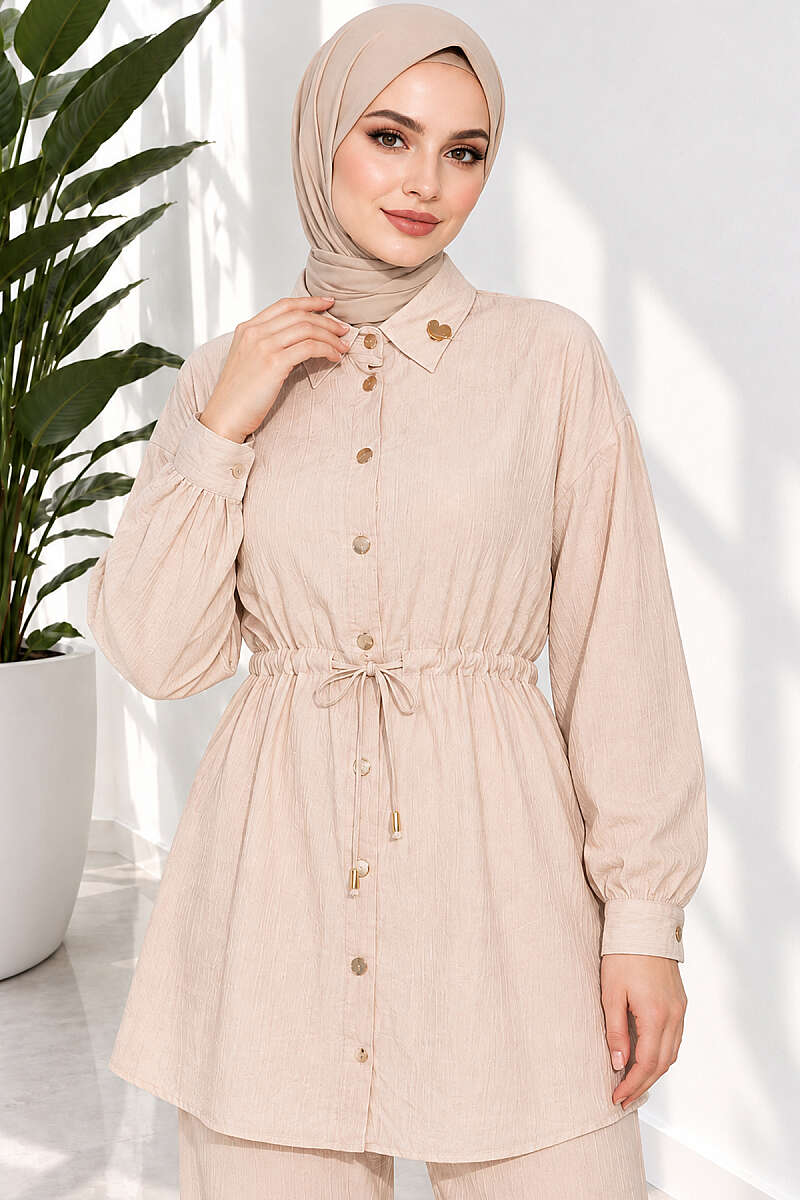 Two-Piece Set with Cuffed Sleeves and Drawstring Waist - Beige