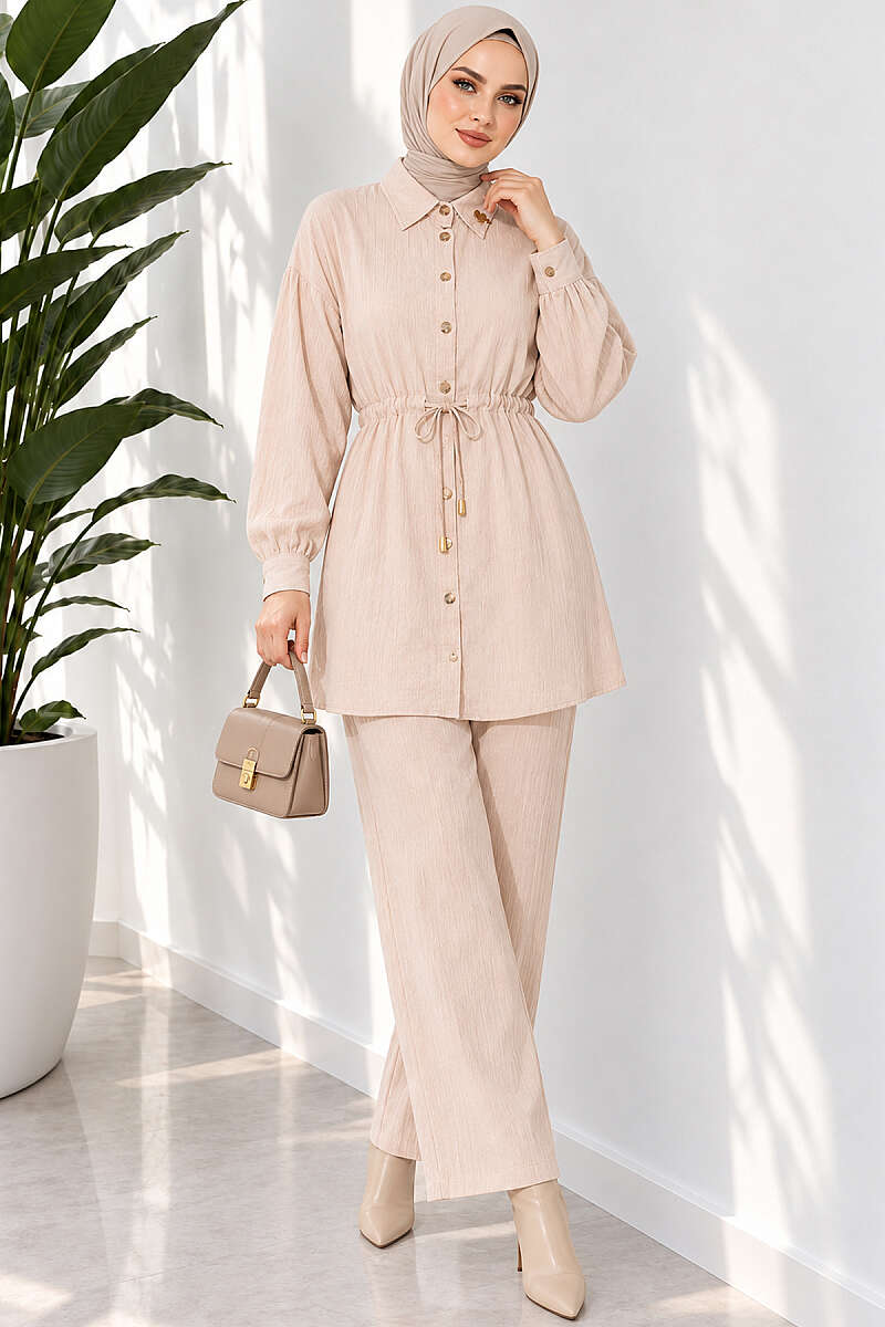 Two-Piece Set with Cuffed Sleeves and Drawstring Waist - Beige