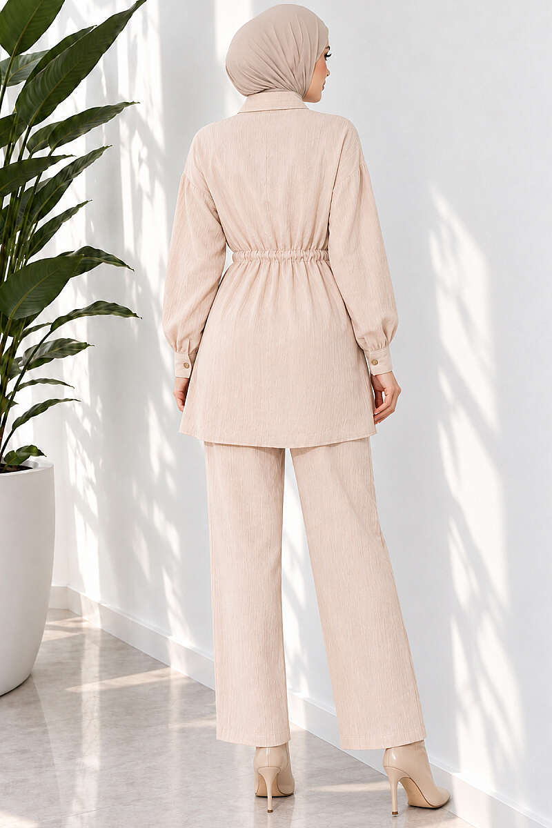 Two-Piece Set with Cuffed Sleeves and Drawstring Waist - Beige