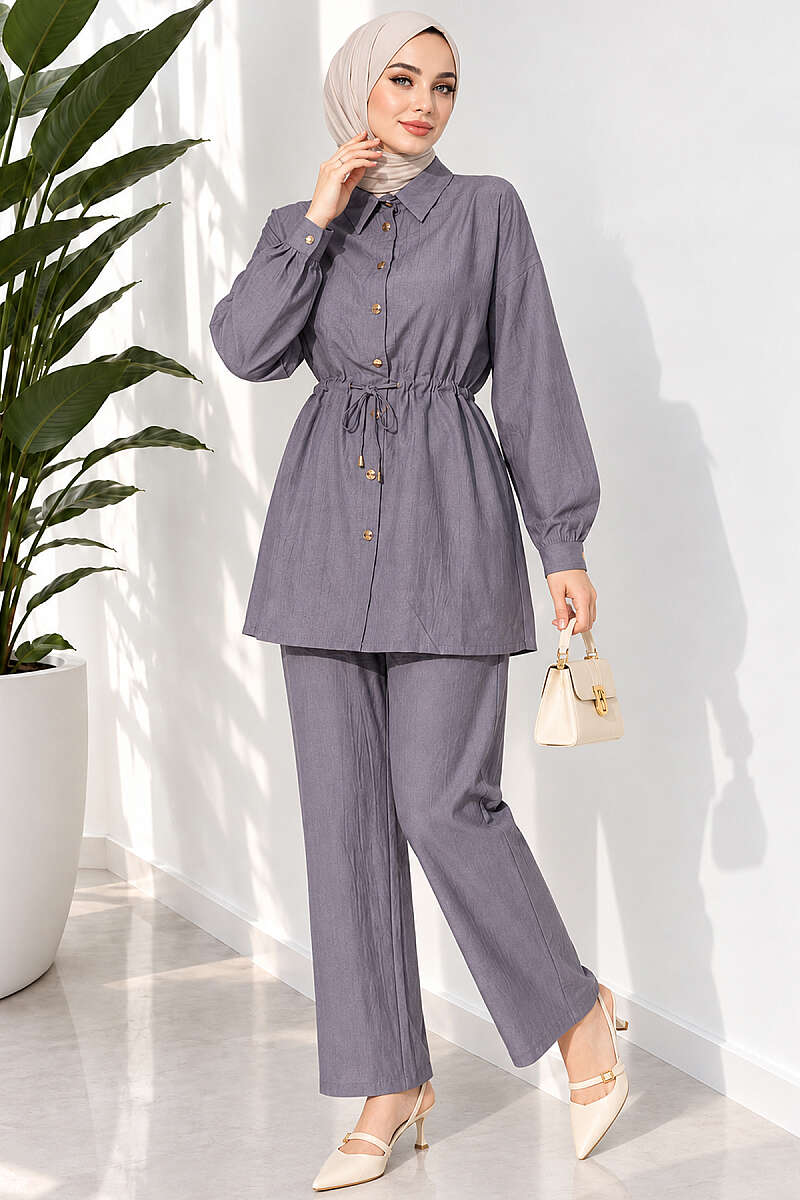 Two-Piece Set with Cuffed Sleeves and Drawstring Waist - Grey