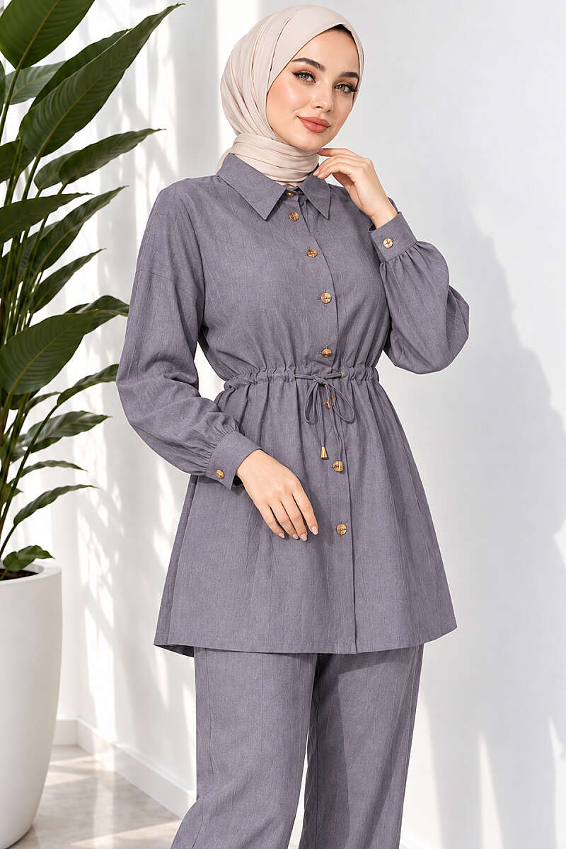 Two-Piece Set with Cuffed Sleeves and Drawstring Waist - Grey