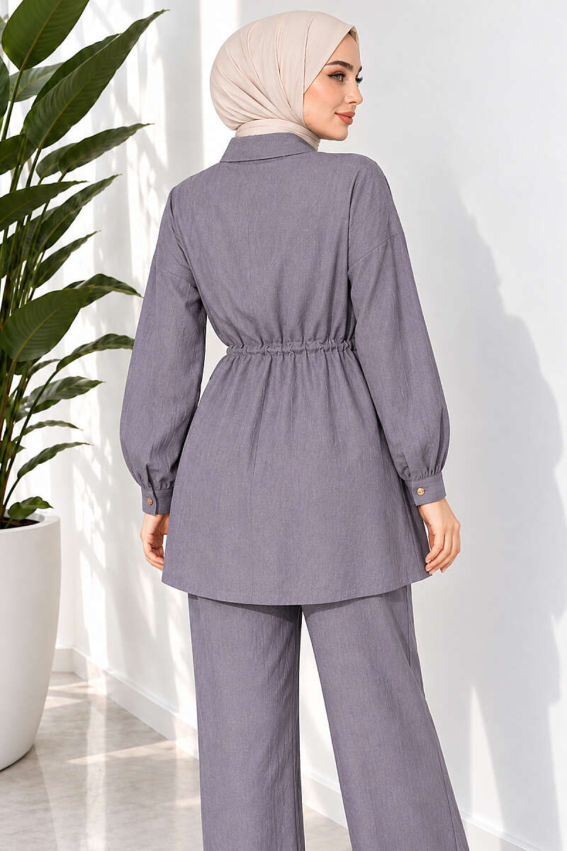 Two-Piece Set with Cuffed Sleeves and Drawstring Waist - Grey