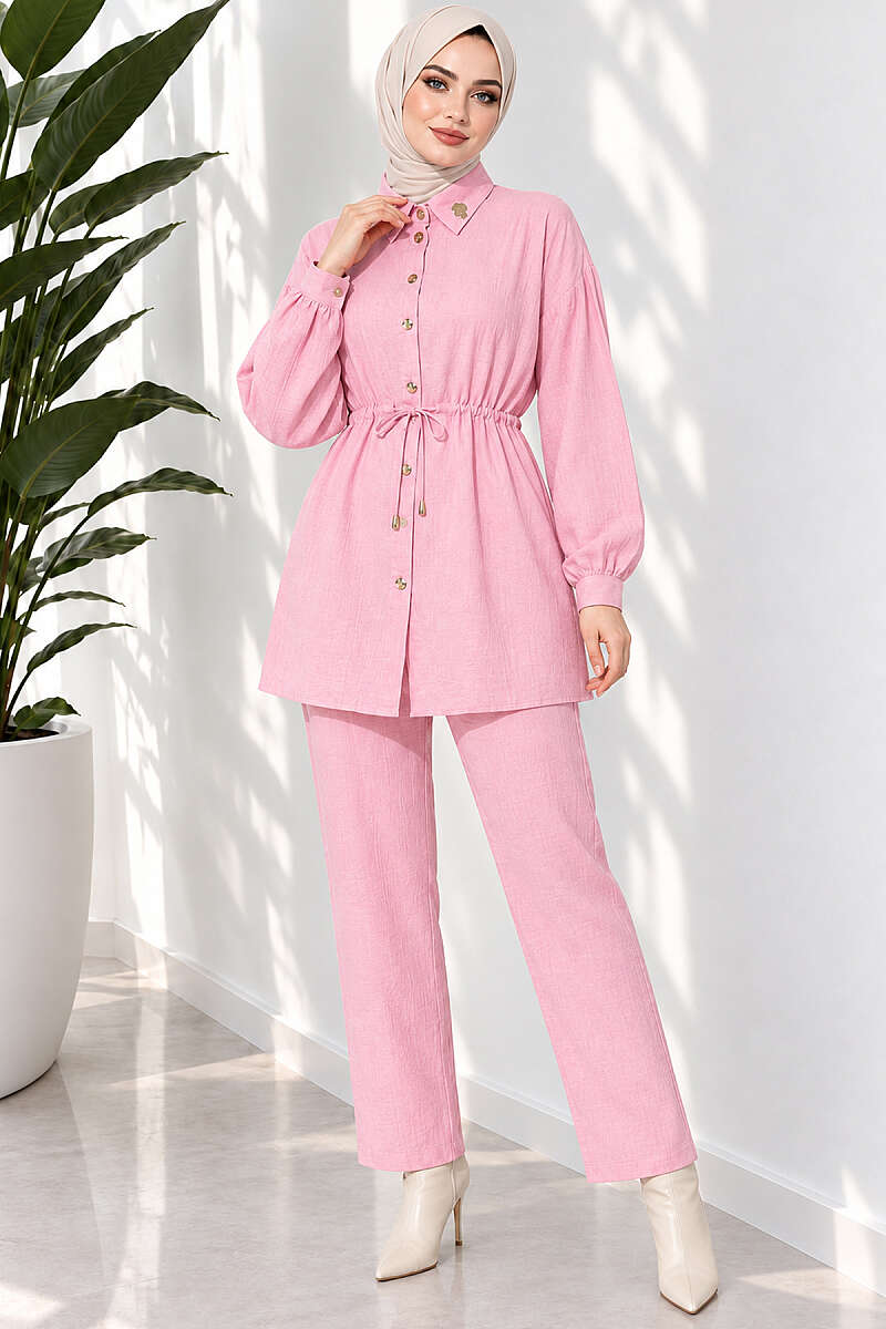 Two-Piece Set with Cuffed Sleeves and Drawstring Waist - Pink