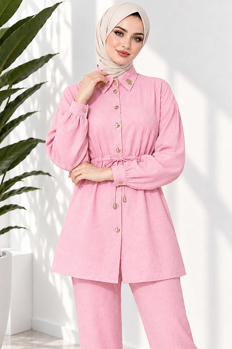 Two-Piece Set with Cuffed Sleeves and Drawstring Waist - Pink