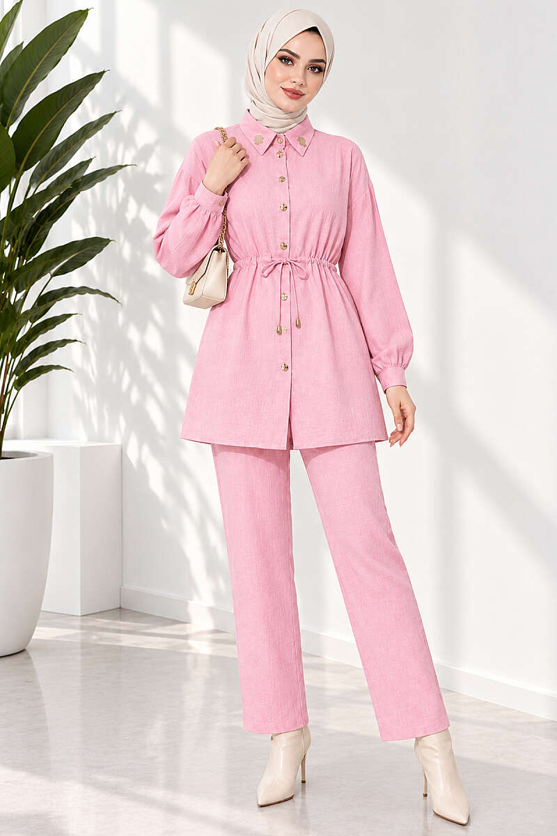 Two-Piece Set with Cuffed Sleeves and Drawstring Waist - Pink