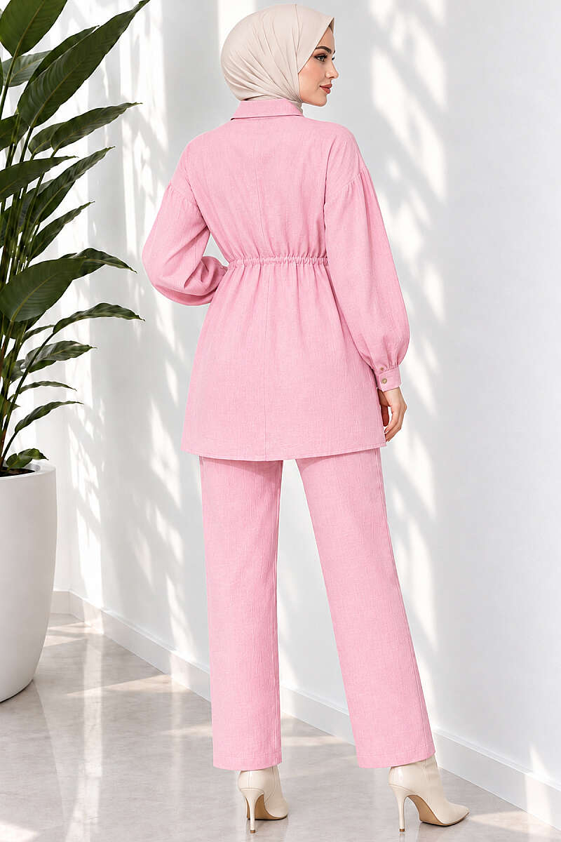 Two-Piece Set with Cuffed Sleeves and Drawstring Waist - Pink