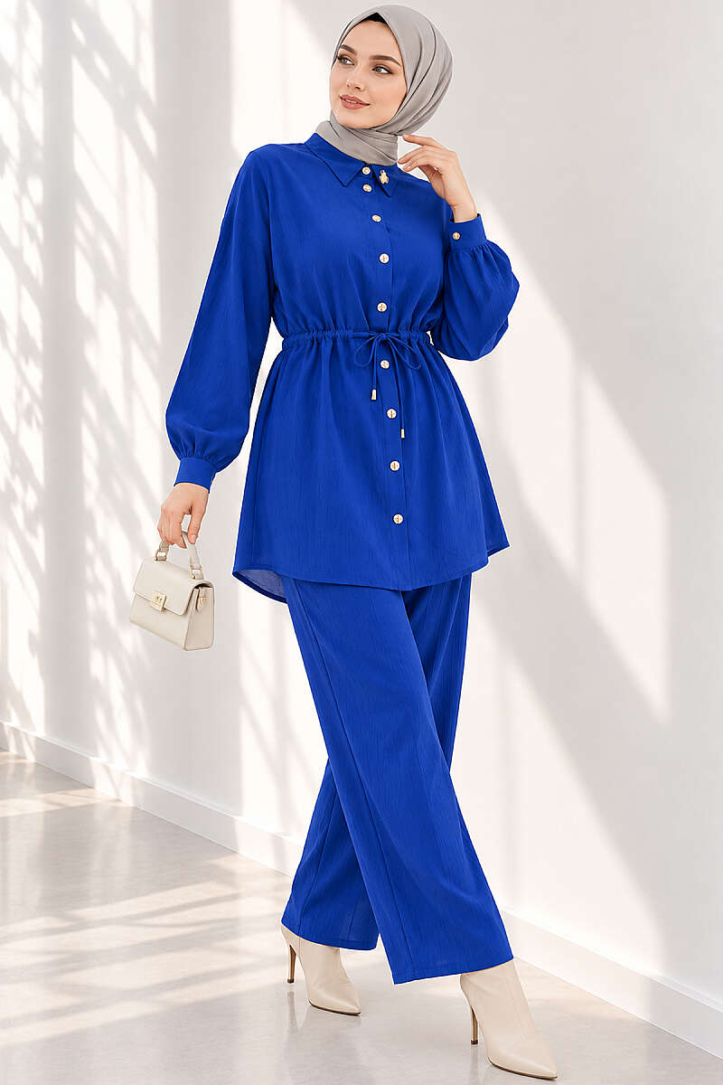 Two-Piece Set with Cuffed Sleeves and Drawstring Waist - Saxe Blue