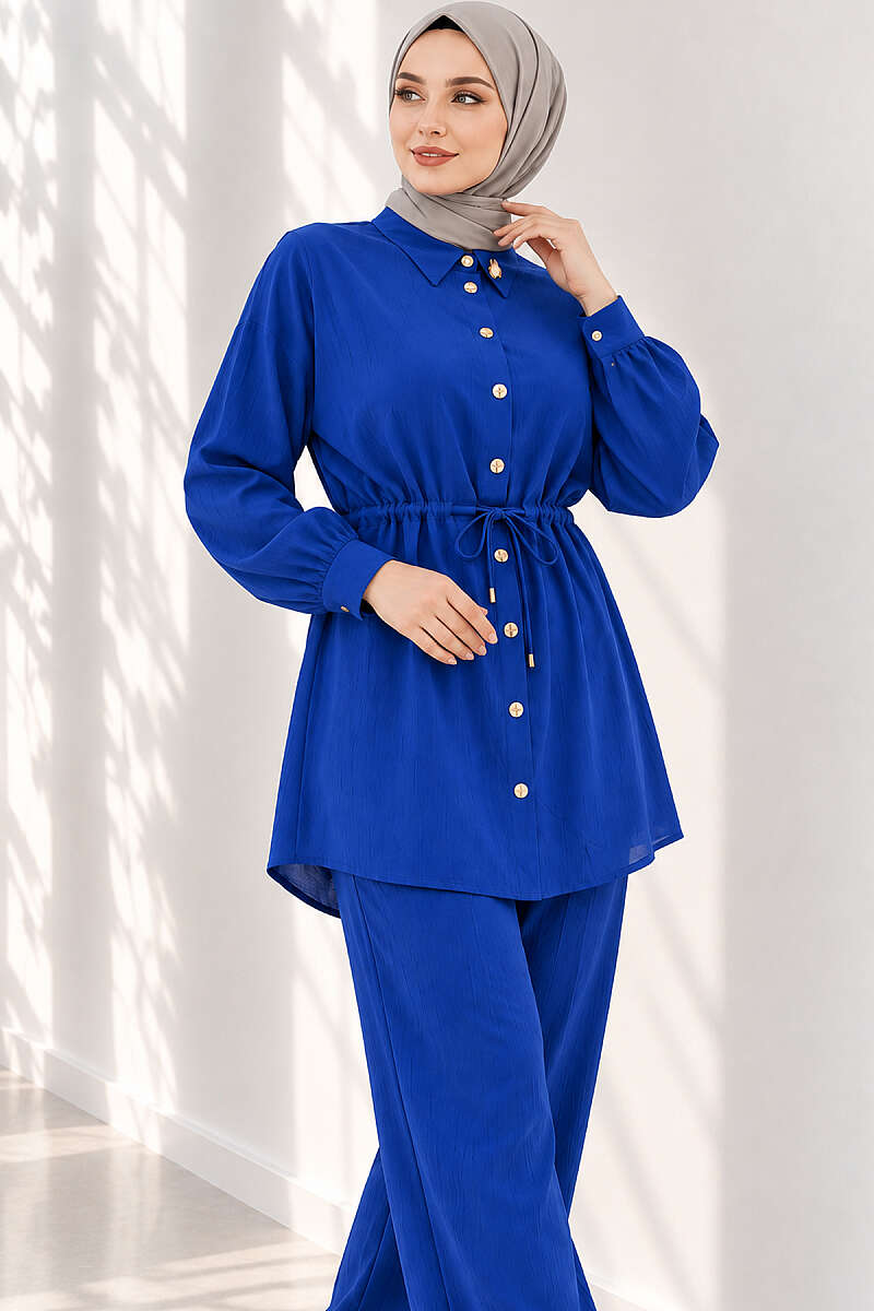 Two-Piece Set with Cuffed Sleeves and Drawstring Waist - Saxe Blue