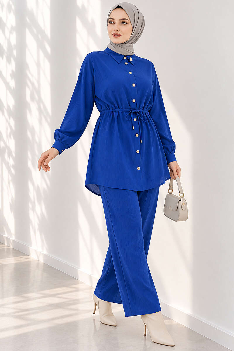 Two-Piece Set with Cuffed Sleeves and Drawstring Waist - Saxe Blue