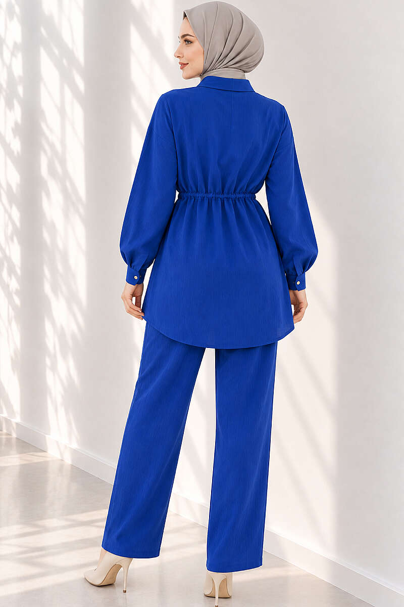 Two-Piece Set with Cuffed Sleeves and Drawstring Waist - Saxe Blue