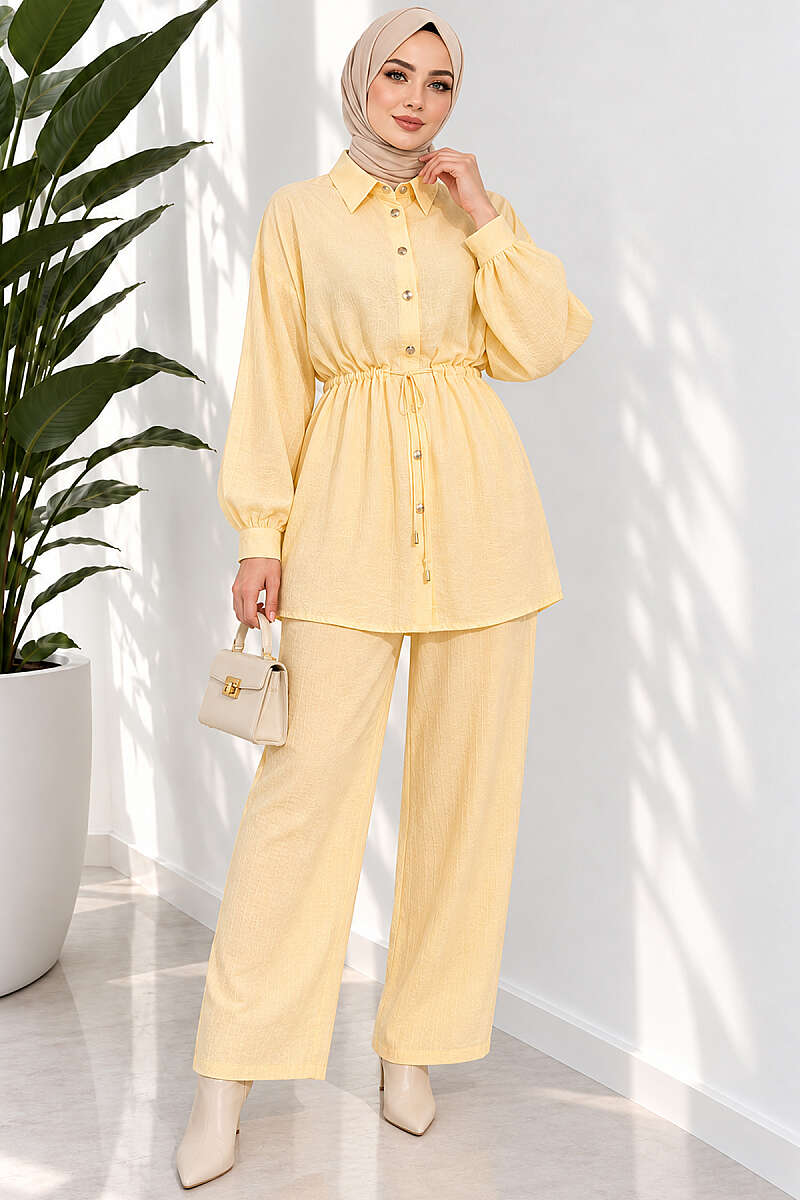 Two-Piece Set with Cuffed Sleeves and Drawstring Waist - Yellow
