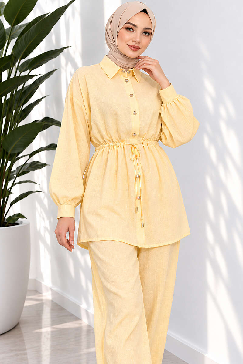 Two-Piece Set with Cuffed Sleeves and Drawstring Waist - Yellow