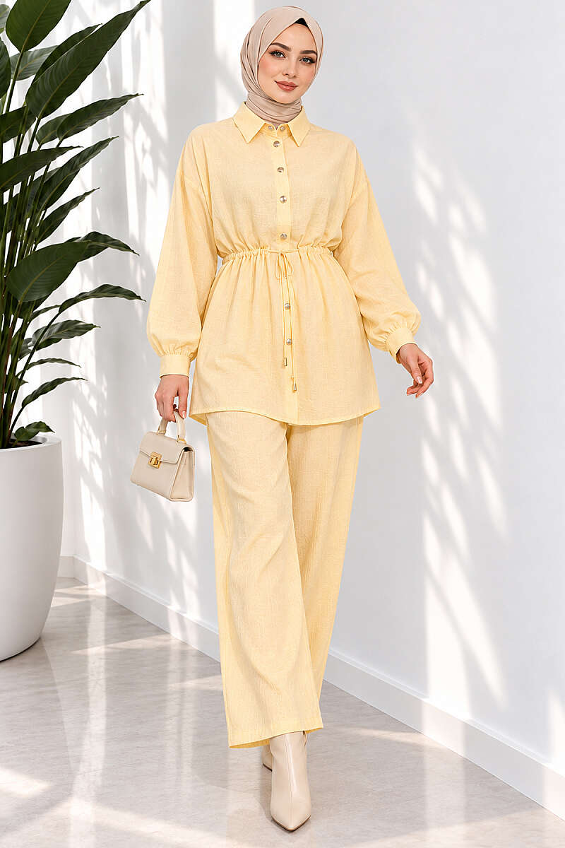 Two-Piece Set with Cuffed Sleeves and Drawstring Waist - Yellow