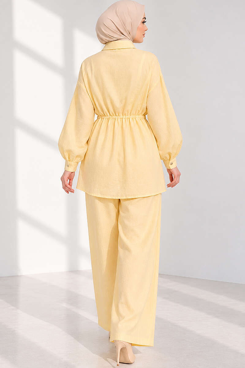 Two-Piece Set with Cuffed Sleeves and Drawstring Waist - Yellow