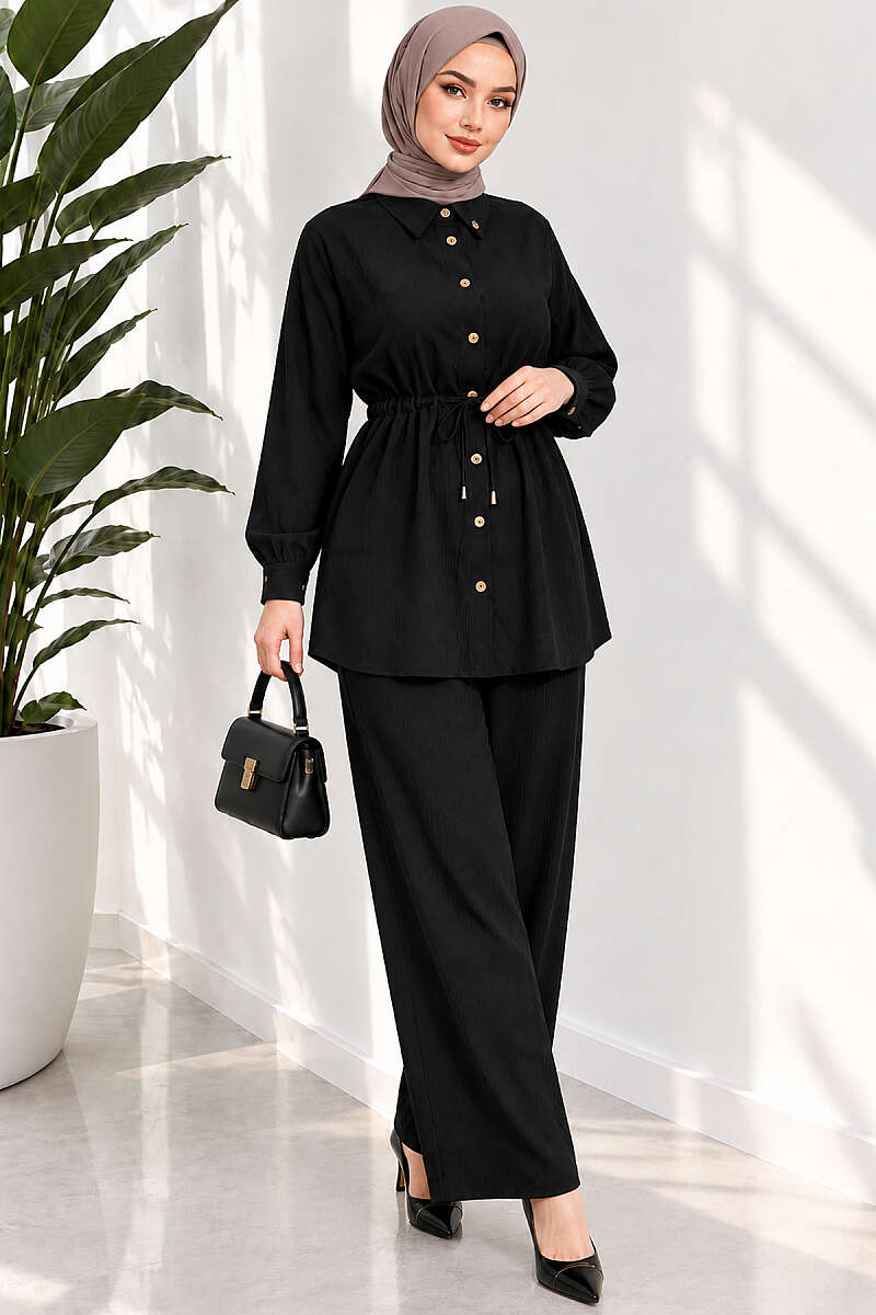 Two-Piece Set with Cuffed Sleeves and Drawstring Waist - Black