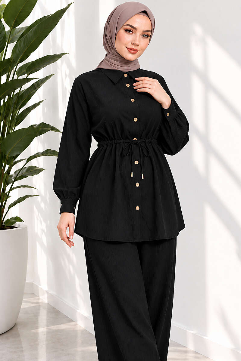 Two-Piece Set with Cuffed Sleeves and Drawstring Waist - Black