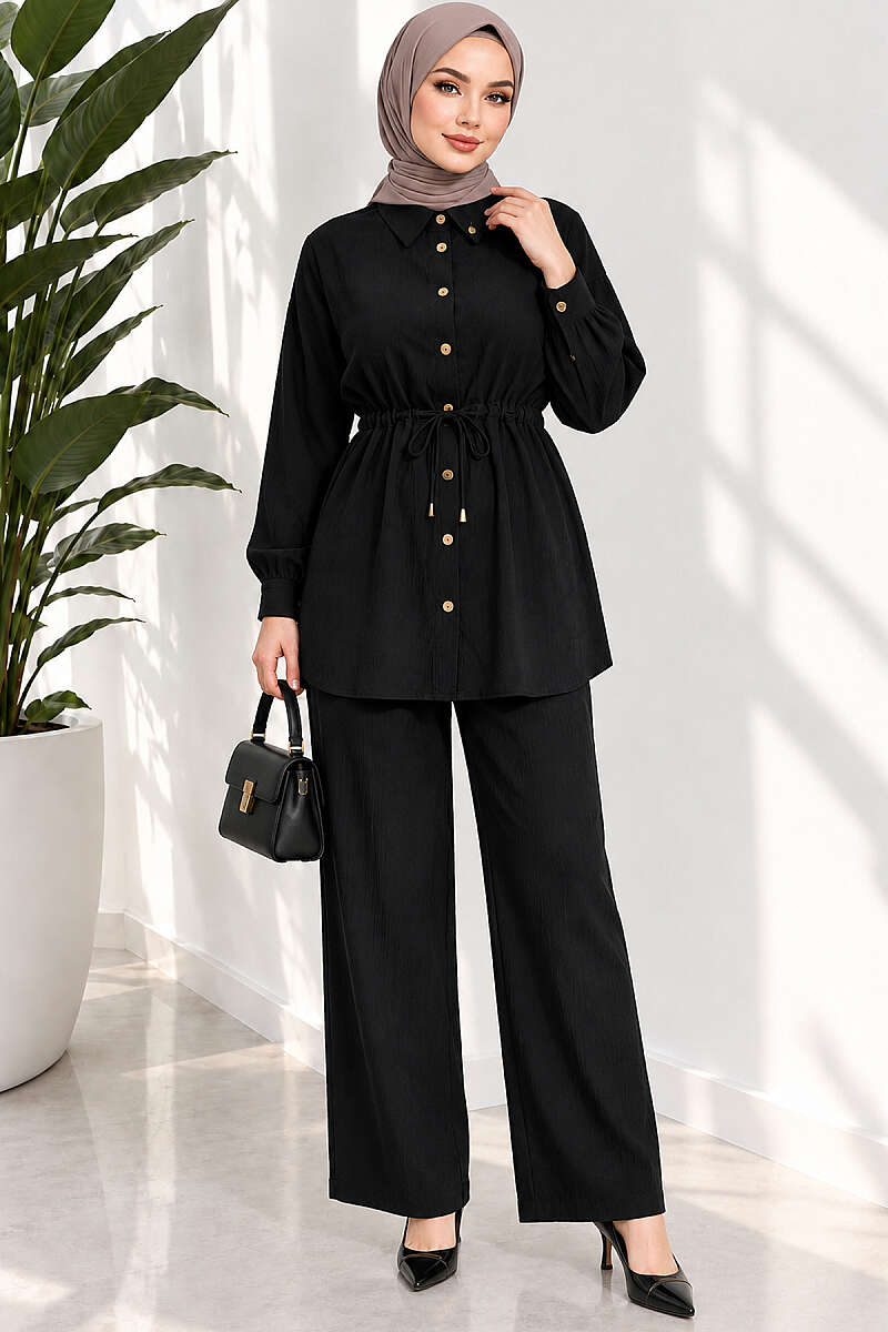 Two-Piece Set with Cuffed Sleeves and Drawstring Waist - Black
