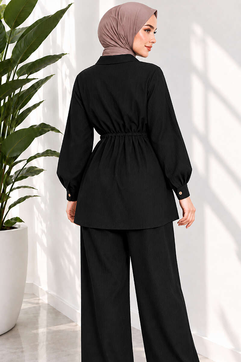 Two-Piece Set with Cuffed Sleeves and Drawstring Waist - Black