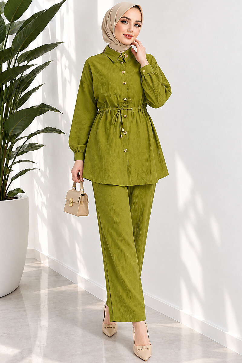 Two-Piece Set with Cuffed Sleeves and Drawstring Waist - Olive