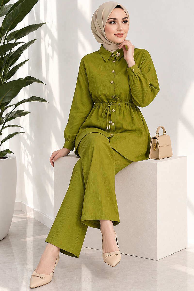 Two-Piece Set with Cuffed Sleeves and Drawstring Waist - Olive