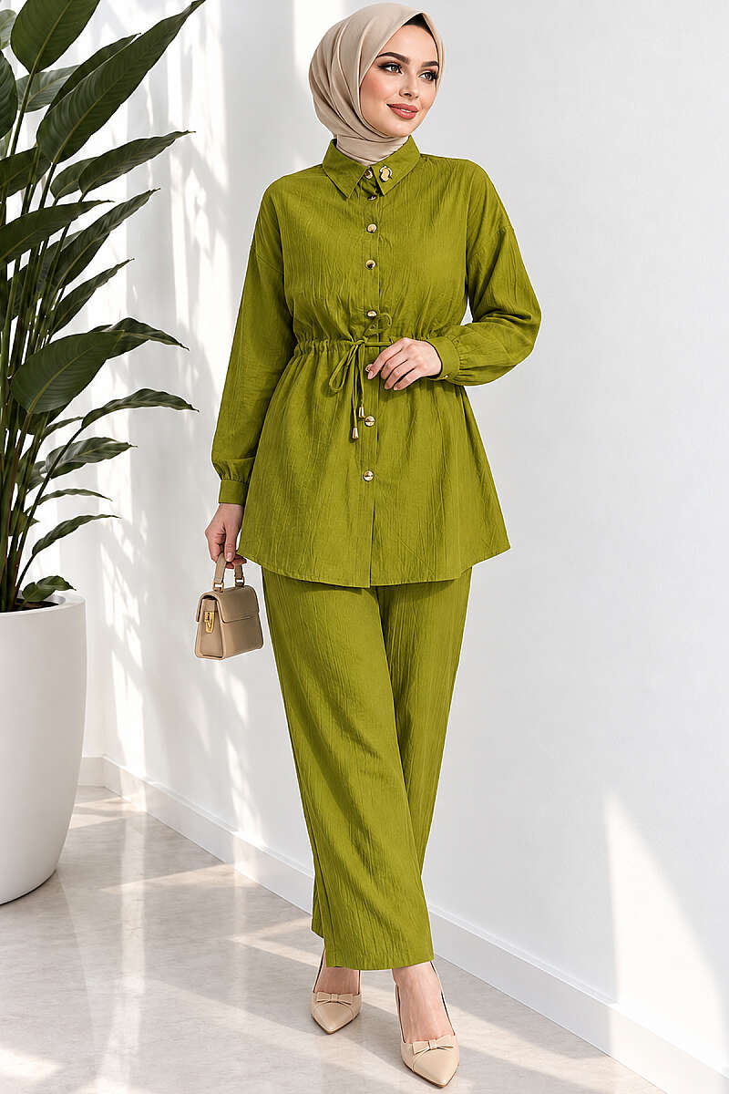 Two-Piece Set with Cuffed Sleeves and Drawstring Waist - Olive