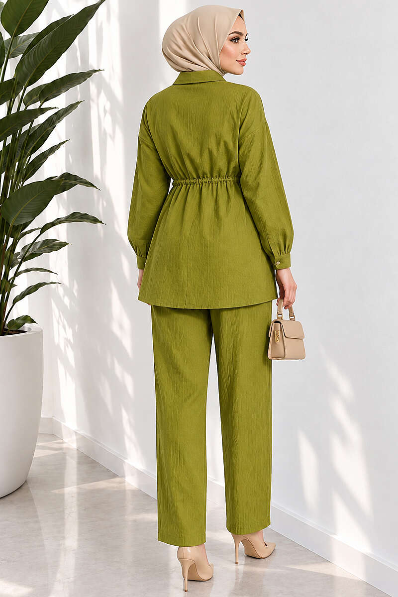Two-Piece Set with Cuffed Sleeves and Drawstring Waist - Olive