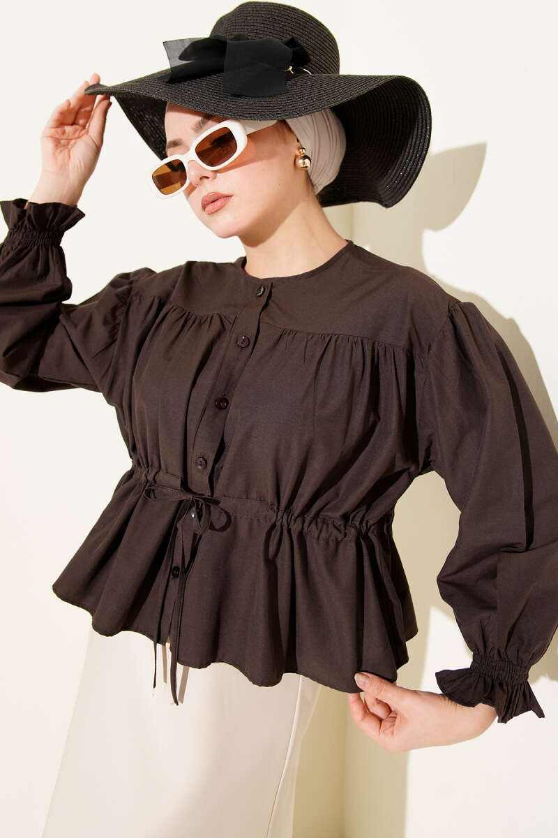 Short Ruched Shirt with Drawstring Waist - Dark Brown
