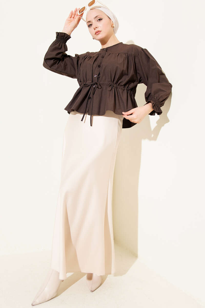Short Ruched Shirt with Drawstring Waist - Dark Brown