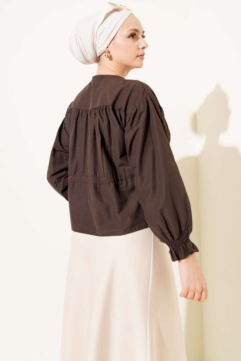 Short Ruched Shirt with Drawstring Waist - Dark Brown