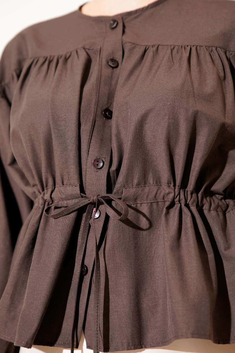 Short Ruched Shirt with Drawstring Waist - Dark Brown