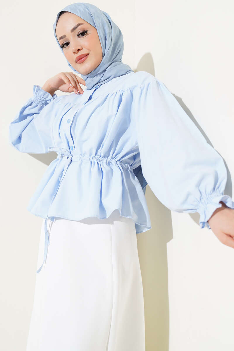 Short Ruched Shirt with Drawstring Waist - Ice Blue
