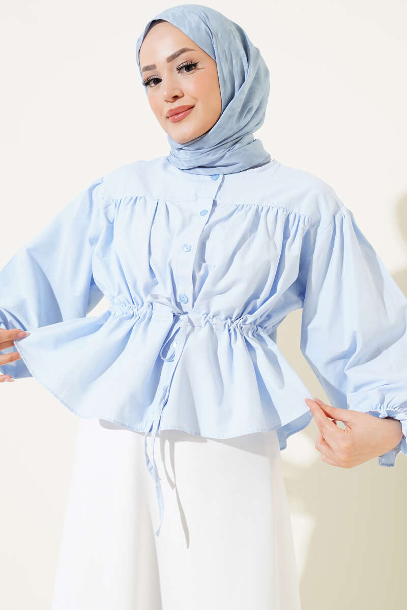 Short Ruched Shirt with Drawstring Waist - Ice Blue