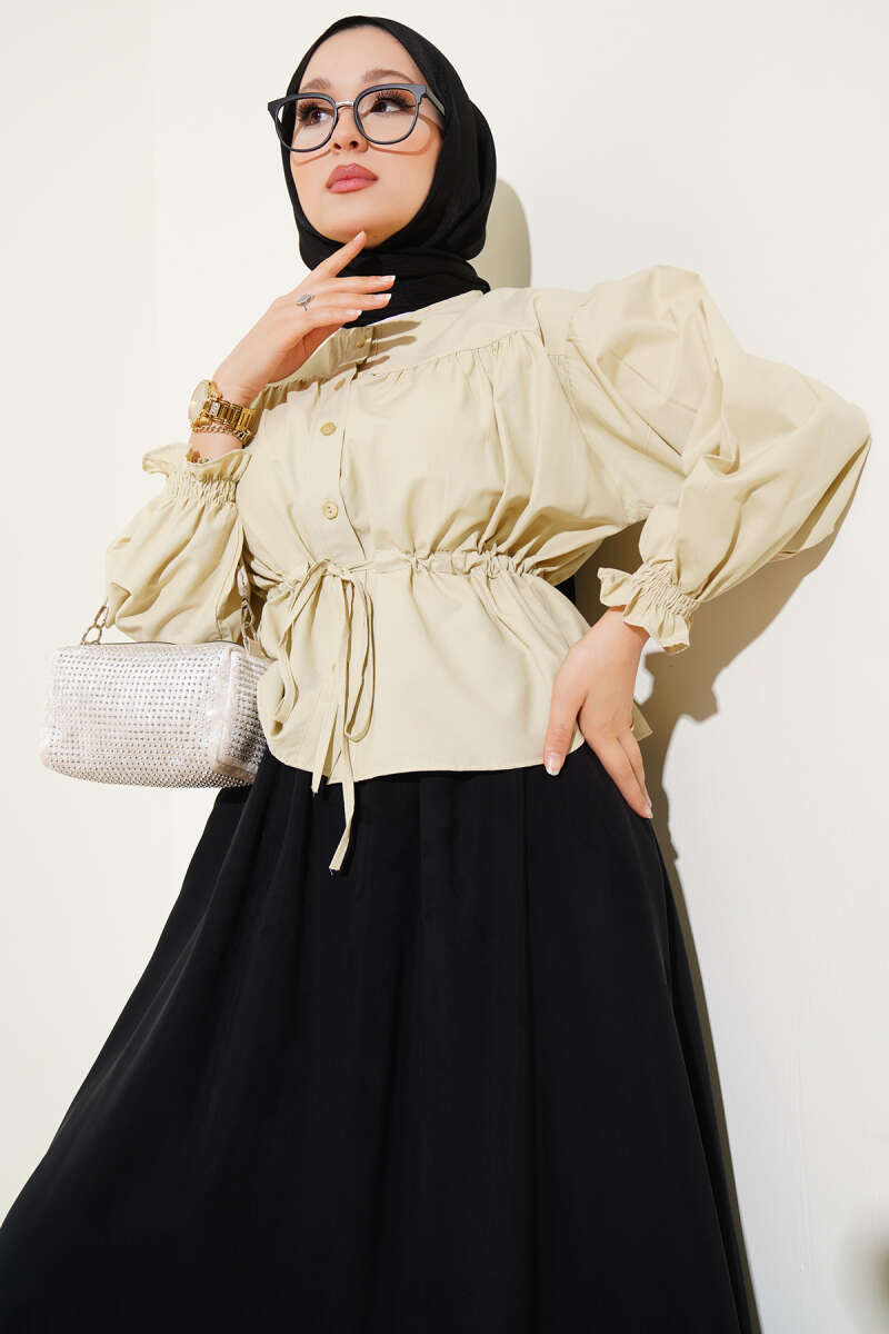 Short Ruched Shirt with Drawstring Waist - Almond Green