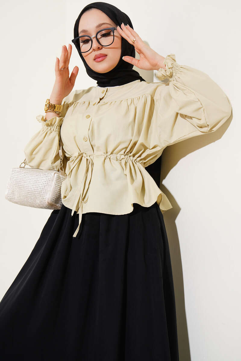 Short Ruched Shirt with Drawstring Waist - Almond Green