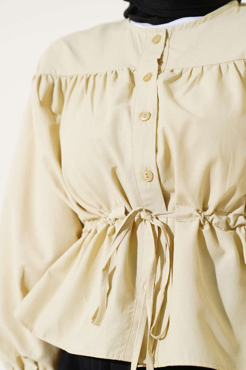 Short Ruched Shirt with Drawstring Waist - Almond Green