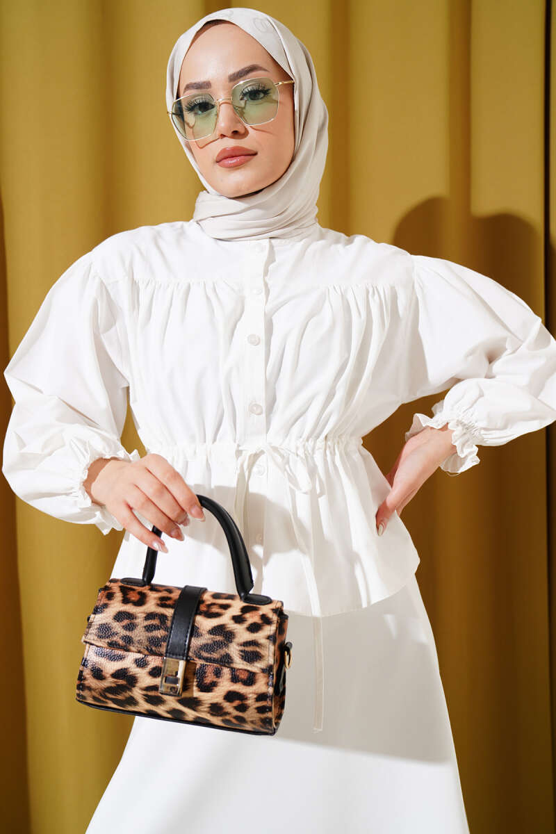 Short Ruched Shirt with Drawstring Waist - Ecru