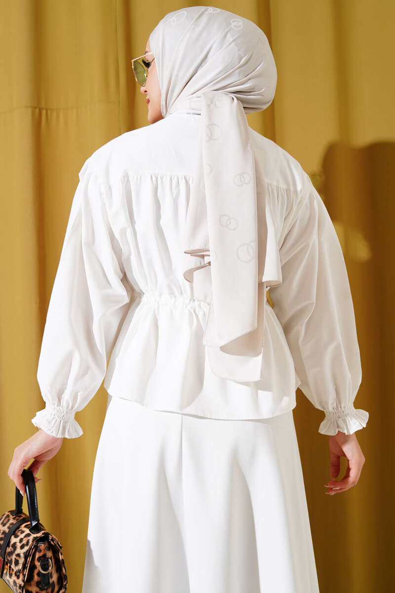 Short Ruched Shirt with Drawstring Waist - Ecru