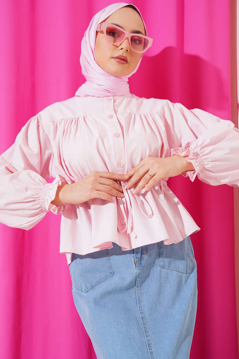 Short Ruched Shirt with Drawstring Waist - Pink