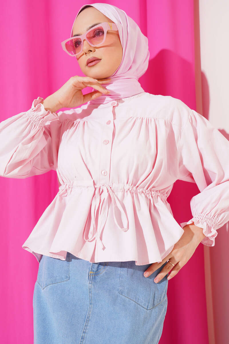 Short Ruched Shirt with Drawstring Waist - Pink