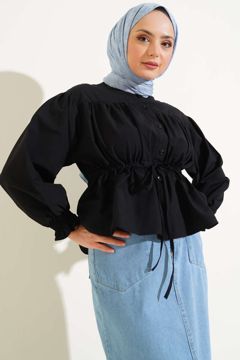 Short Ruched Shirt with Drawstring Waist - Black