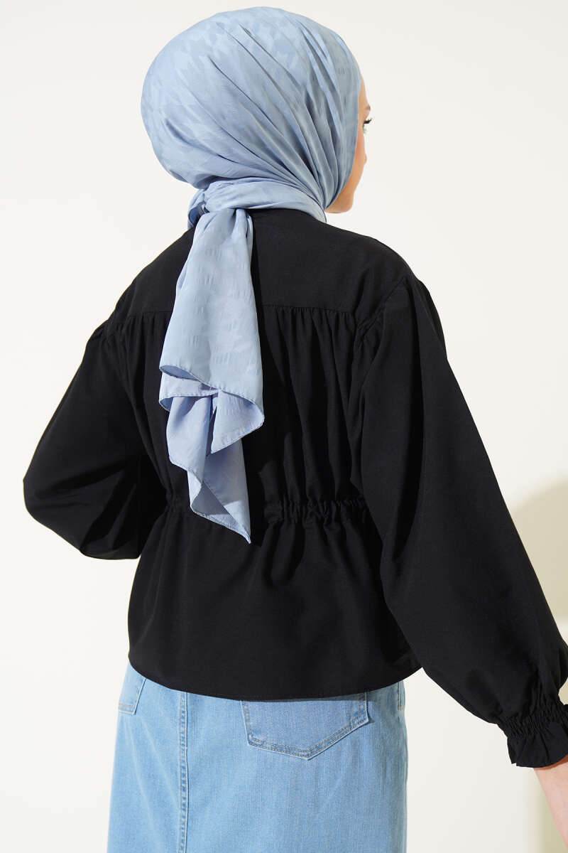 Short Ruched Shirt with Drawstring Waist - Black