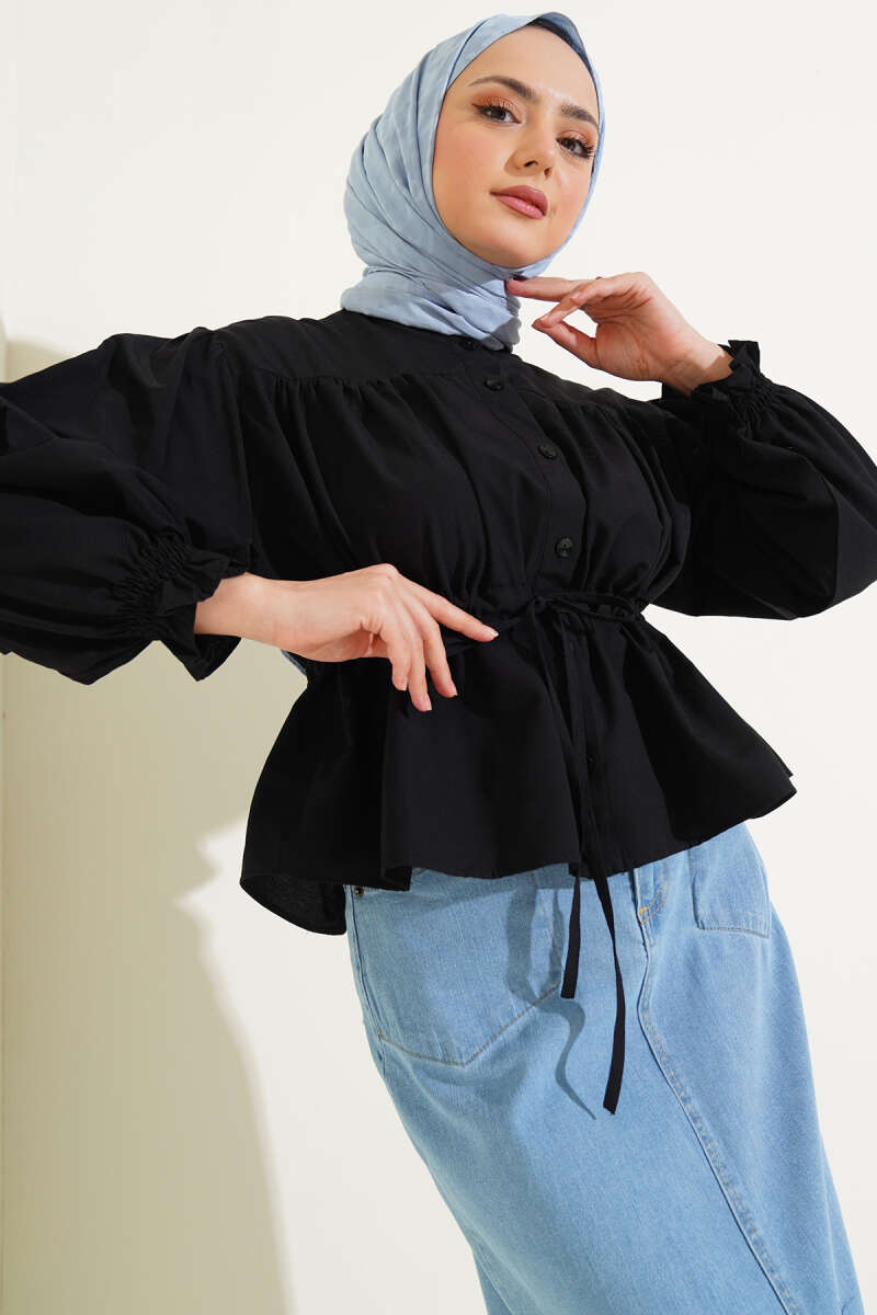 Short Ruched Shirt with Drawstring Waist - Black