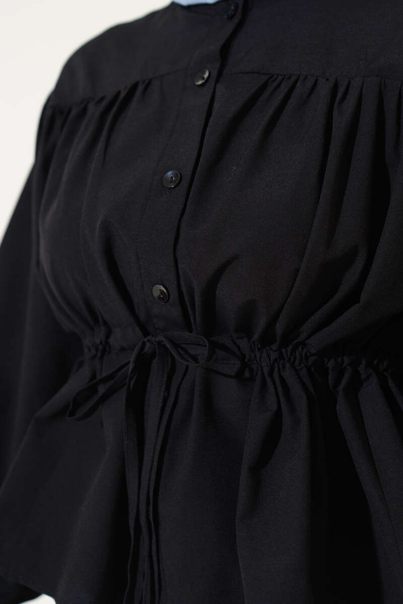 Short Ruched Shirt with Drawstring Waist - Black